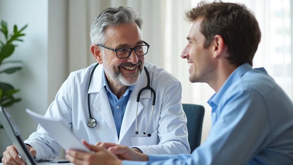 Healthcare provider in white coat consulting with patient during appointment, reviewing medical records on computer, clinical