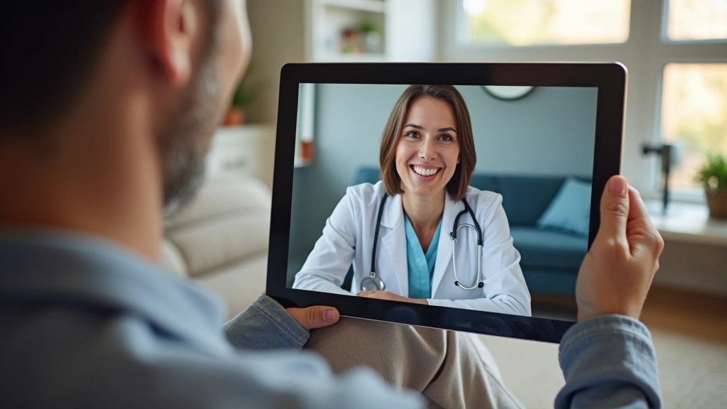 Telehealth video consultation on tablet device with healthcare provider visible on screen, patient at home in comfortable set