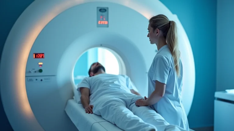 Professional medical imaging technologist operating advanced MRI machine in modern hospital diagnostic center, patient lying on scanner bed, bright clinical environment