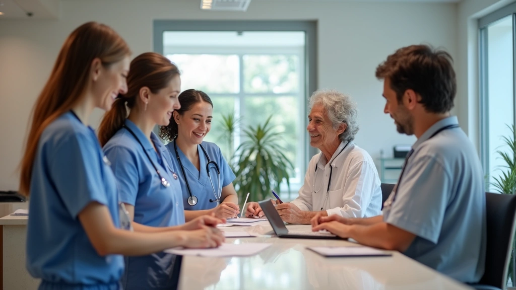 Diverse patients checking in at modern healthcare facility reception desk with friendly staff, welcoming medical office inter