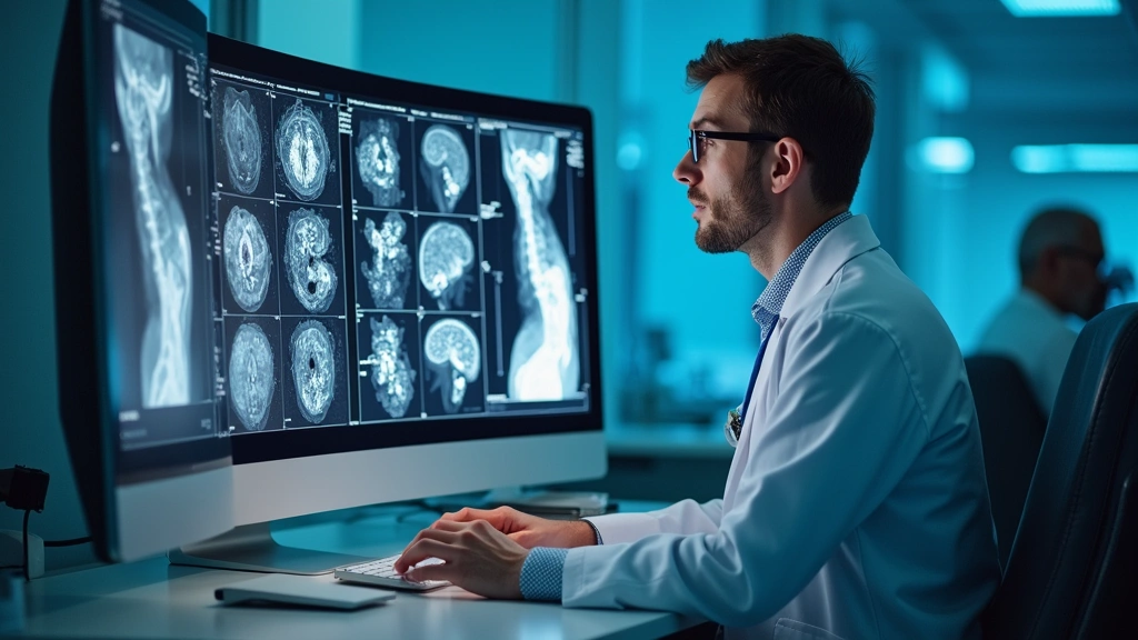 Board-certified radiologist reviewing medical imaging results on computer workstation in hospital diagnostic center, reviewin
