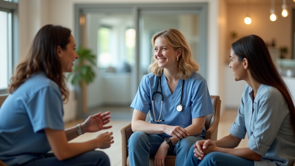 Healthcare provider consulting with diverse patient in modern community health clinic waiting area, warm lighting, professional medical environment, people of different backgrounds
