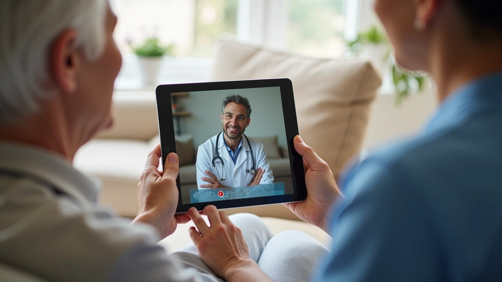 Telehealth consultation on tablet showing patient video call with doctor, healthcare worker assisting elderly patient, home s