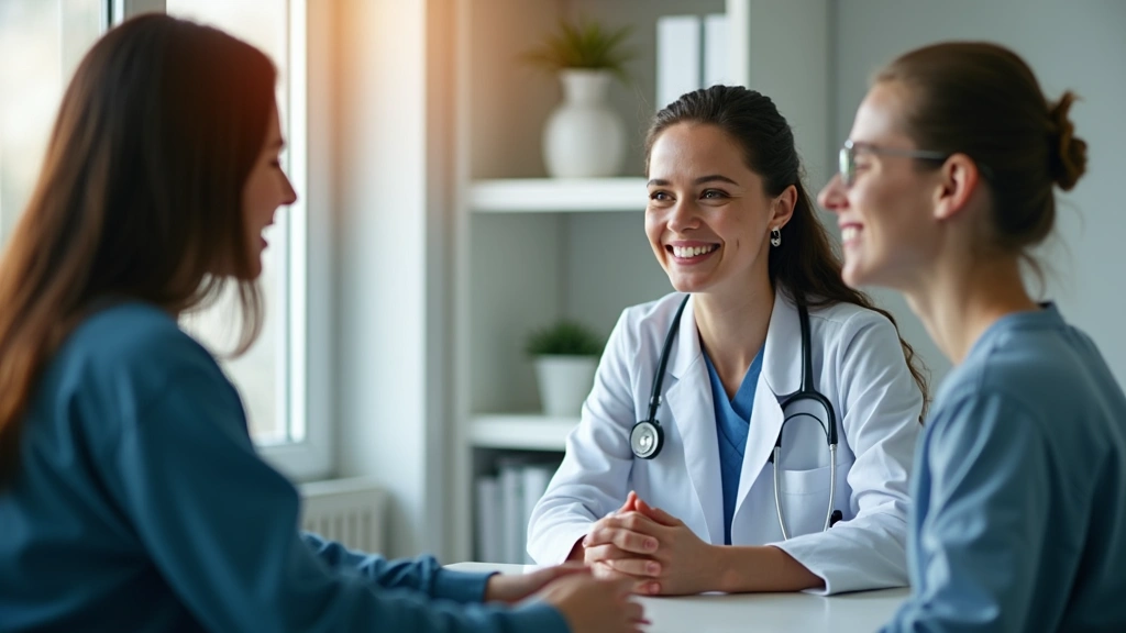 Professional healthcare provider conducting patient consultation in modern medical clinic, warm lighting, diverse patient interaction, clinical setting