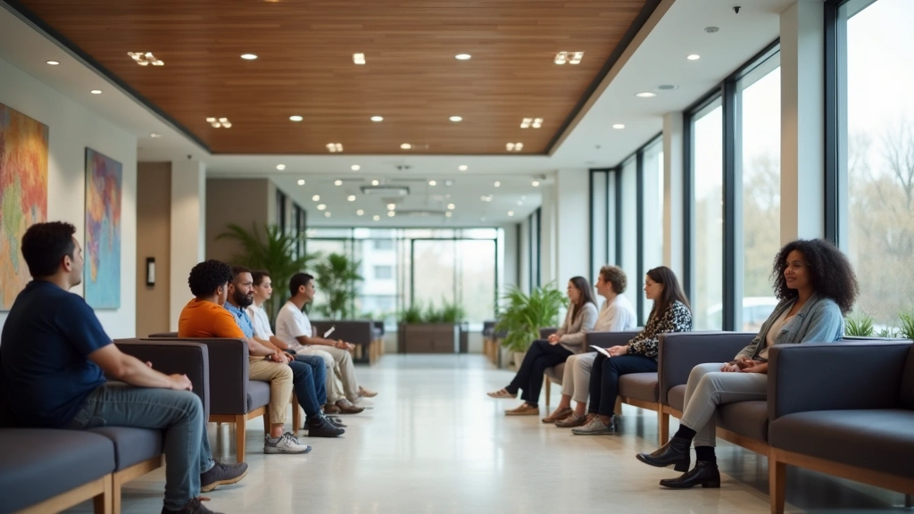 Diverse patients in welcoming community health center waiting area, modern interior design, comfortable seating, inclusive he
