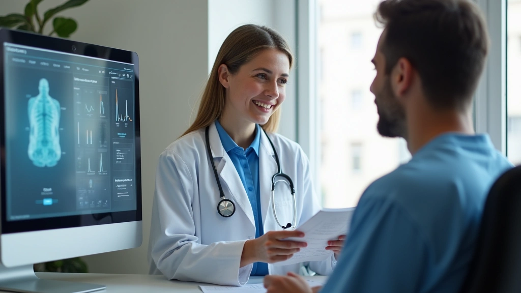Healthcare professional explaining medical information to patient during appointment, digital health records visible, compass