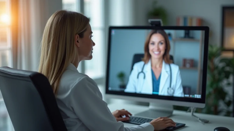 Professional woman in clinical office setting having virtual therapy session on computer screen, warm lighting, focused expression, modern healthcare environment