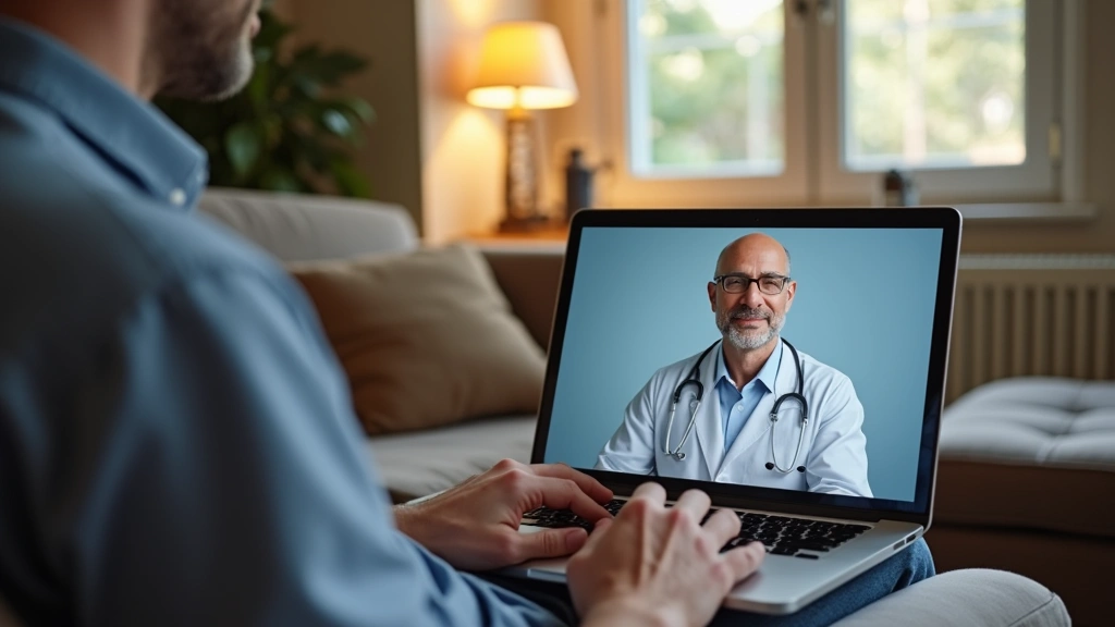 Male patient sitting comfortably at home during video telehealth appointment with healthcare provider on screen, calm residen