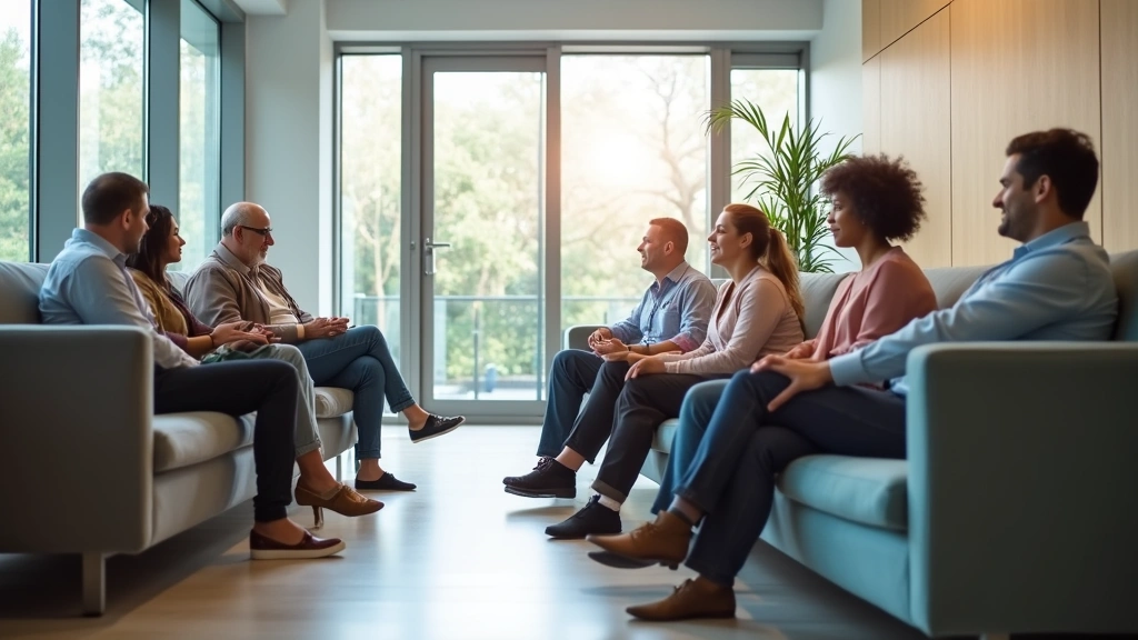 Diverse group of people in modern mental health clinic waiting area, natural lighting, comfortable seating, welcoming healthc