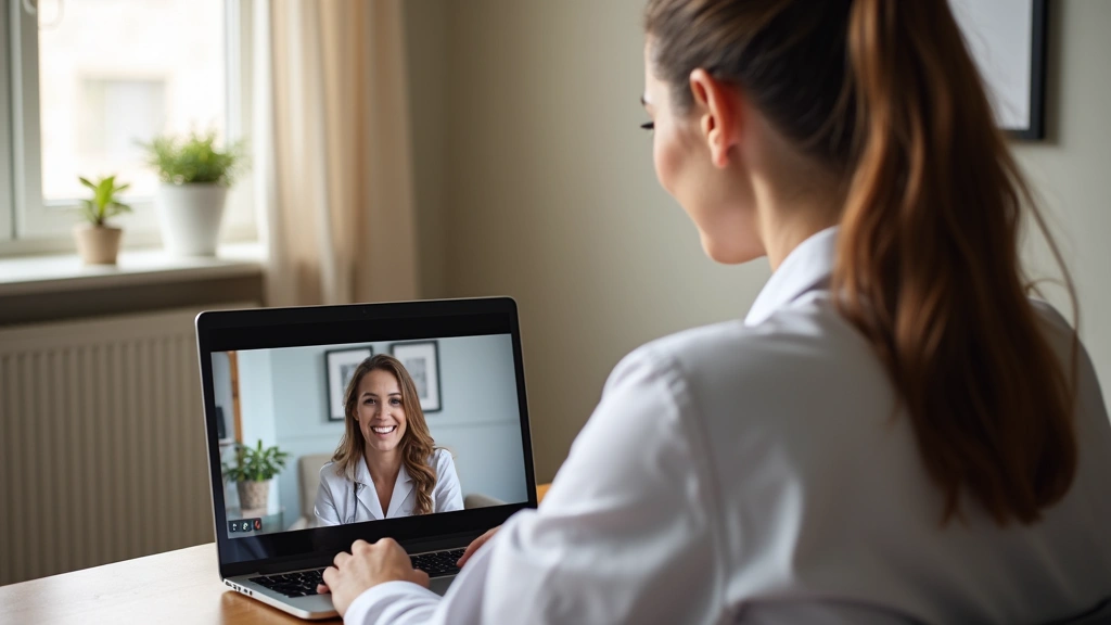 Professional female therapist conducting virtual video therapy session on laptop with patient, warm office setting, natural lighting, therapeutic environment, no text visible