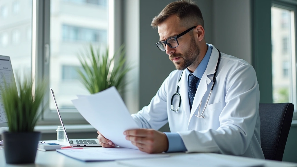 Male psychiatrist in white coat reviewing patient medical records at desk in modern clinical office, professional healthcare 