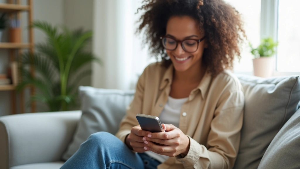 Woman using smartphone for telehealth mental health appointment at home, comfortable indoor setting, genuine therapy session,