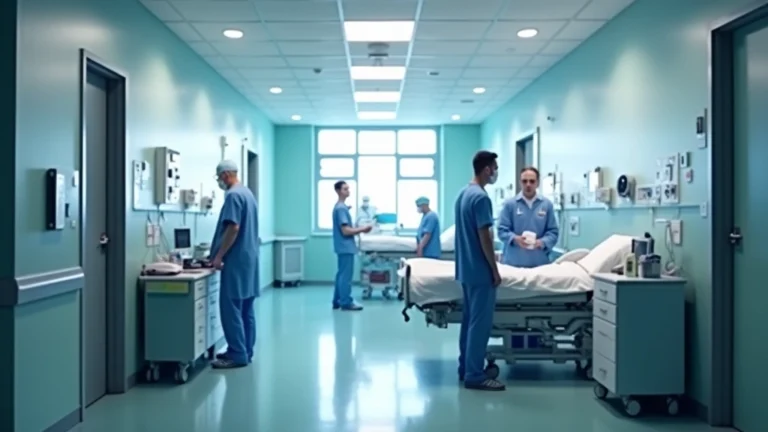 Modern hospital emergency department with medical professionals treating patients, bright clinical lighting, professional healthcare setting with modern equipment