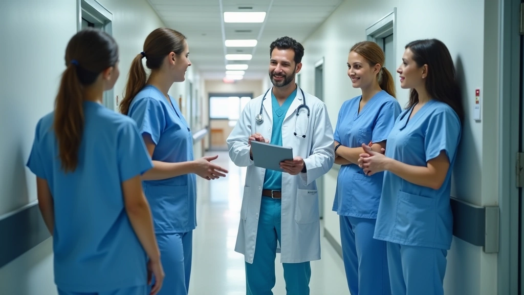 Medical residents and attending physicians conducting rounds in hospital hallway, collaborative clinical teaching environment