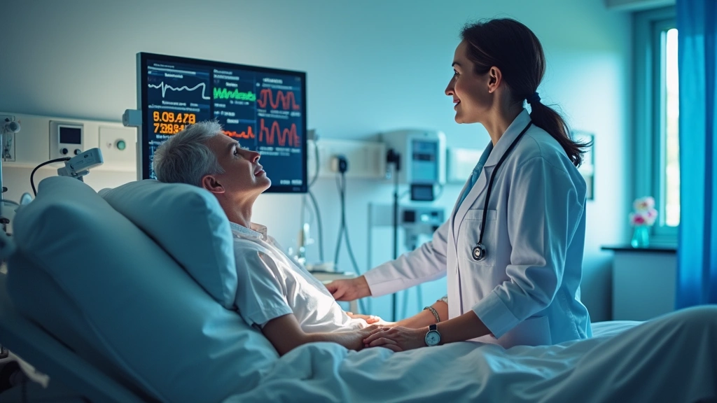 Hospital patient room with healthcare provider checking vital signs on monitor, modern medical technology, compassionate pati