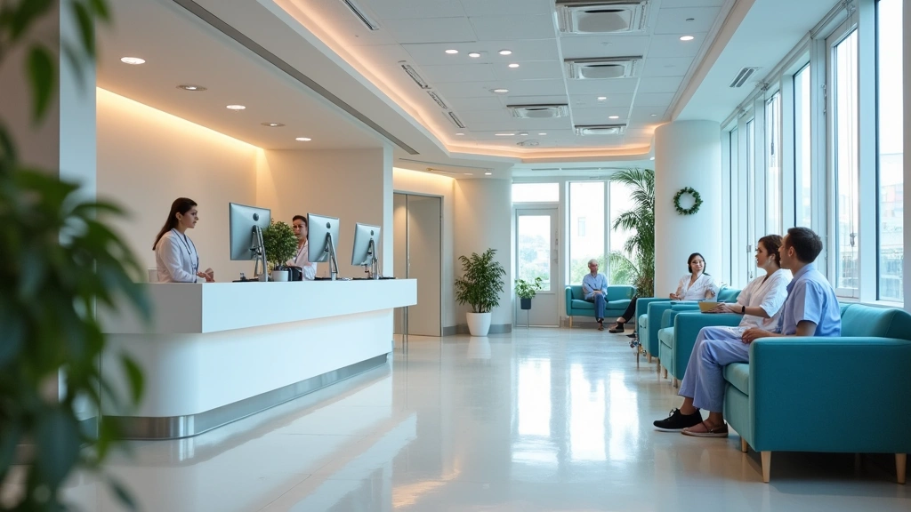 Modern healthcare clinic interior with patient reception desk, comfortable seating, professional medical staff at computers, natural lighting, contemporary medical facility design