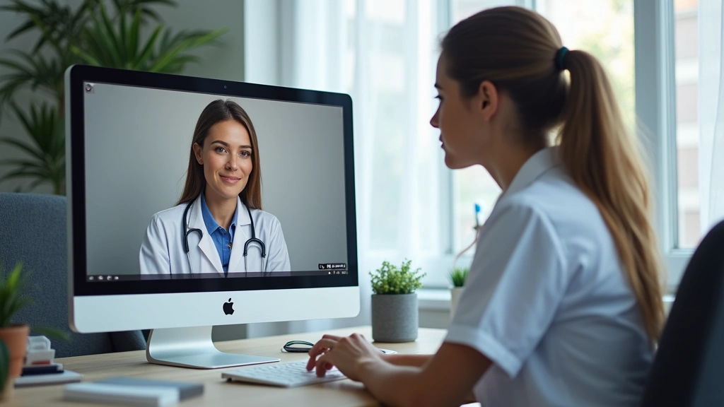 Medical professional conducting telehealth virtual visit on computer with patient, home office setting, professional healthca