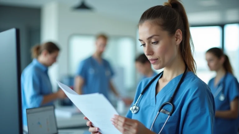 Professional nurse in scrubs reviewing patient charts at hospital nursing station with colleagues in background, modern clinical setting