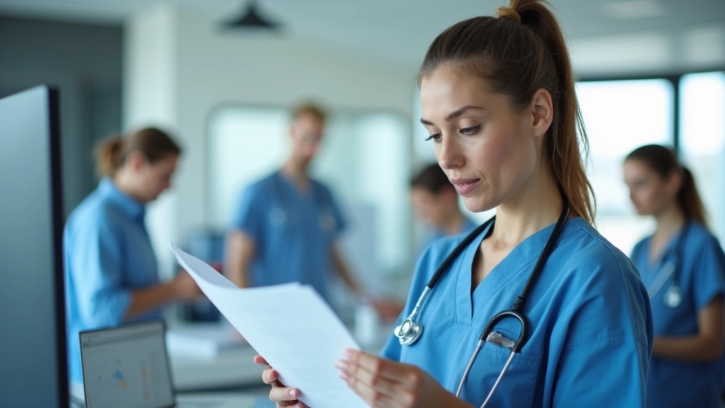 Professional nurse in scrubs reviewing patient charts at hospital nursing station with colleagues in background, modern clinical setting