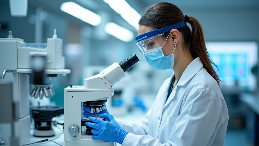 Medical technician performing laboratory analysis with equipment, professional healthcare worker in modern lab facility