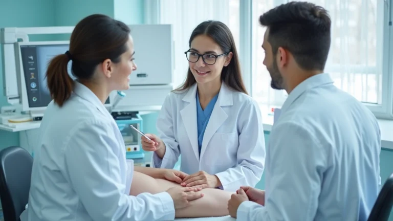 Medical students in white coats conducting clinical examination in modern healthcare facility with patient simulator, professional medical education setting