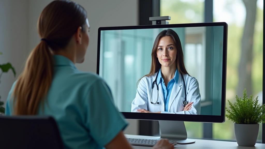 Healthcare provider using telehealth technology in rural clinic setting, video consultation on computer screen, modern rural 