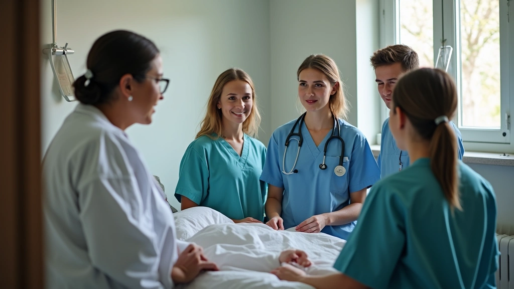Group of medical students in rural hospital setting during clinical rotation, examining patient with attending physician supe