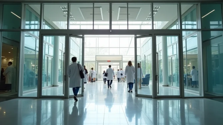 Modern medical school building entrance with glass doors and contemporary architecture, students in white coats walking through lobby, professional healthcare setting, daytime lighting