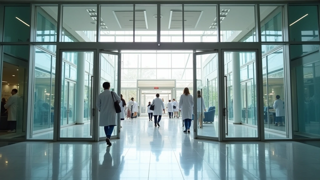 Modern medical school building entrance with glass doors and contemporary architecture, students in white coats walking through lobby, professional healthcare setting, daytime lighting