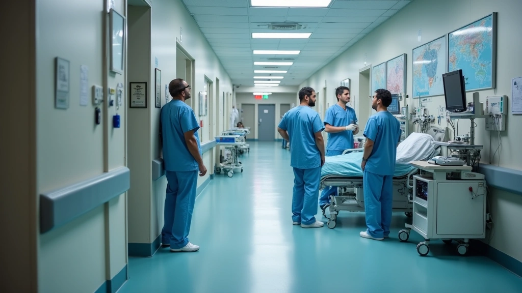 Teaching hospital corridor with medical staff in scrubs consulting at nursing station, state-of-the-art patient monitoring eq