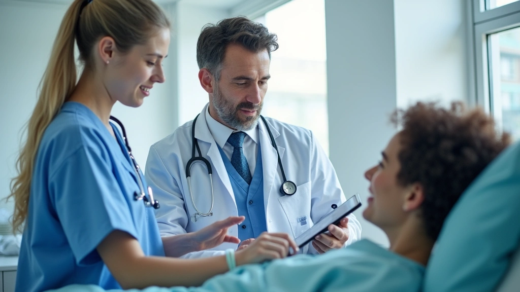 Medical students in clinical rounds with attending physician examining patient in hospital room, collaborative healthcare tea