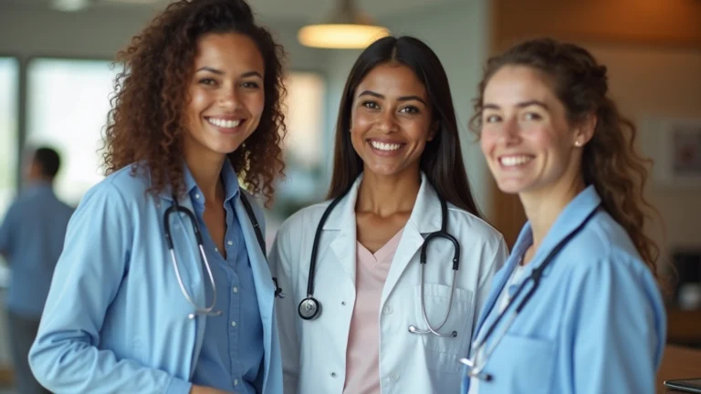 Professional diverse medical team in modern community health clinic reception area, welcoming patients, warm lighting, contemporary healthcare setting