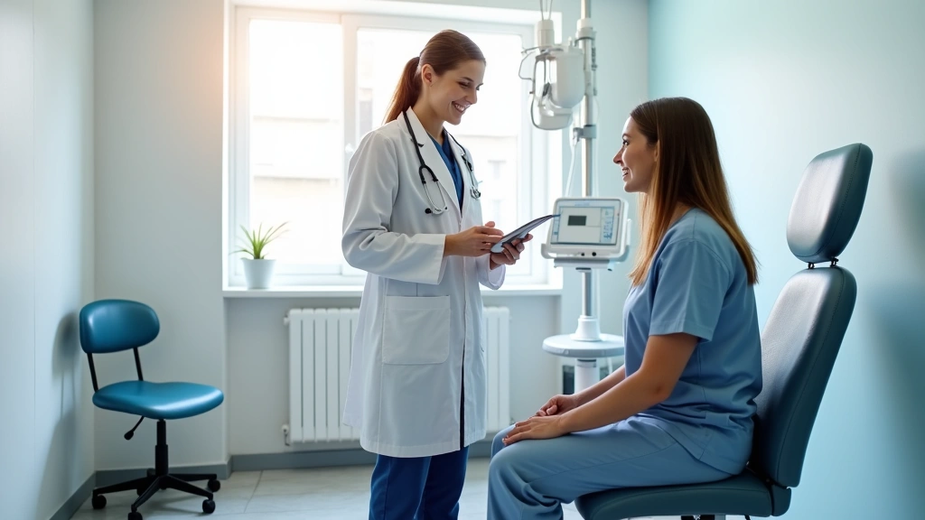 Healthcare provider conducting patient consultation in clean medical examination room with modern equipment and comfortable s