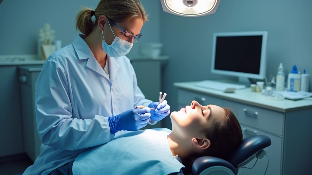 Dental professional performing preventive care on patient in modern dental suite with professional instruments and bright cli