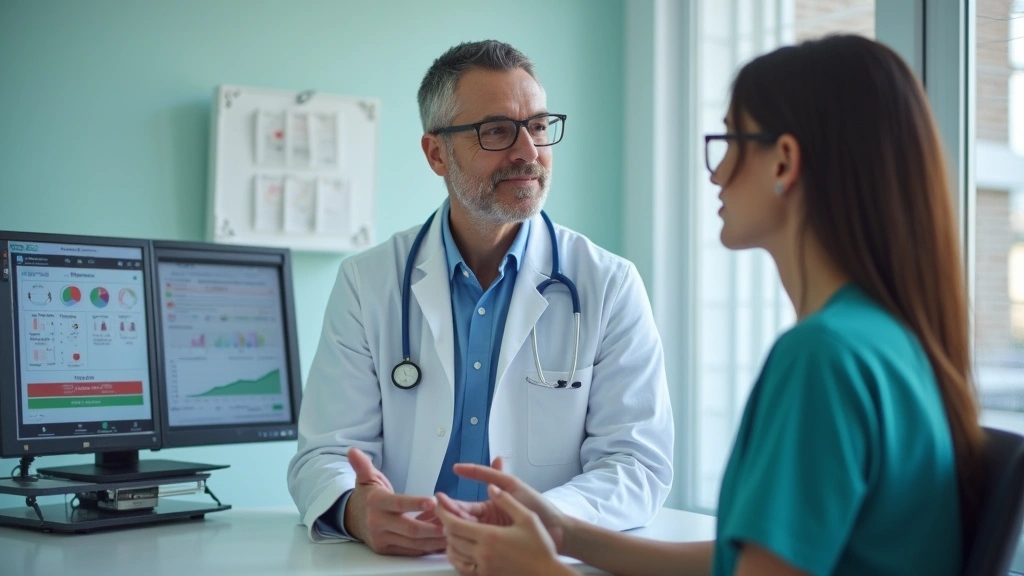 Diverse healthcare provider conducting patient consultation in modern medical clinic examination room with digital health records visible