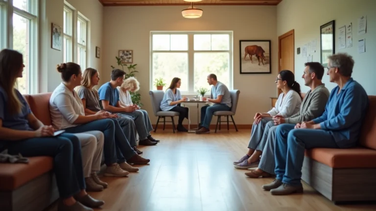 Rural family health clinic interior with diverse patients in waiting area, modern medical equipment, warm lighting, professional healthcare environment