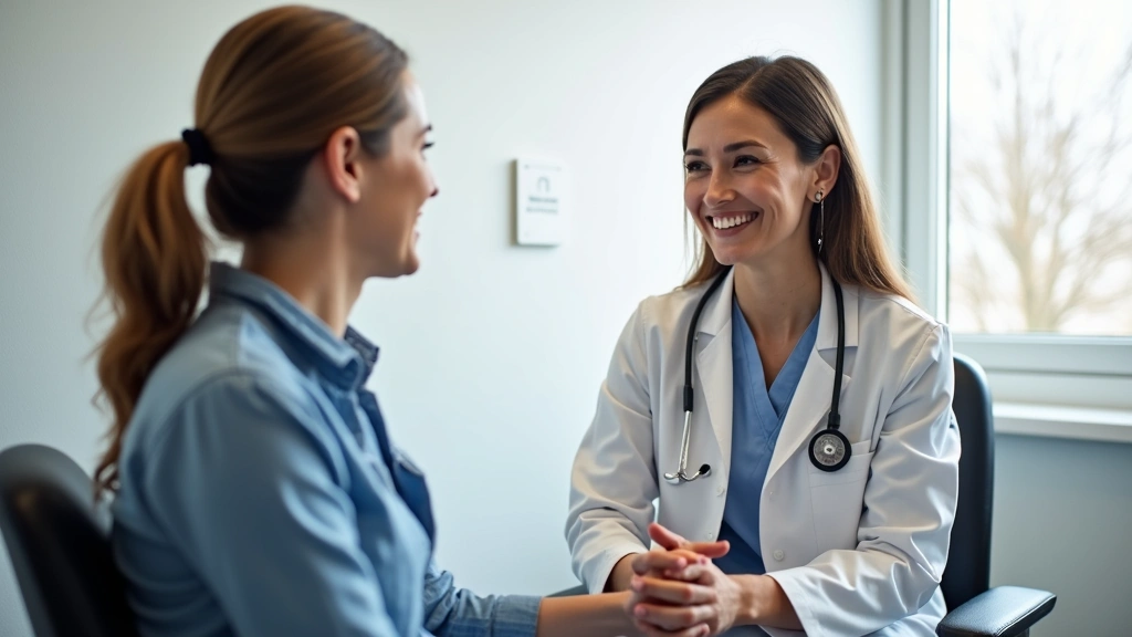 Female primary care physician consulting with patient in examination room, stethoscope visible, friendly clinical setting, na