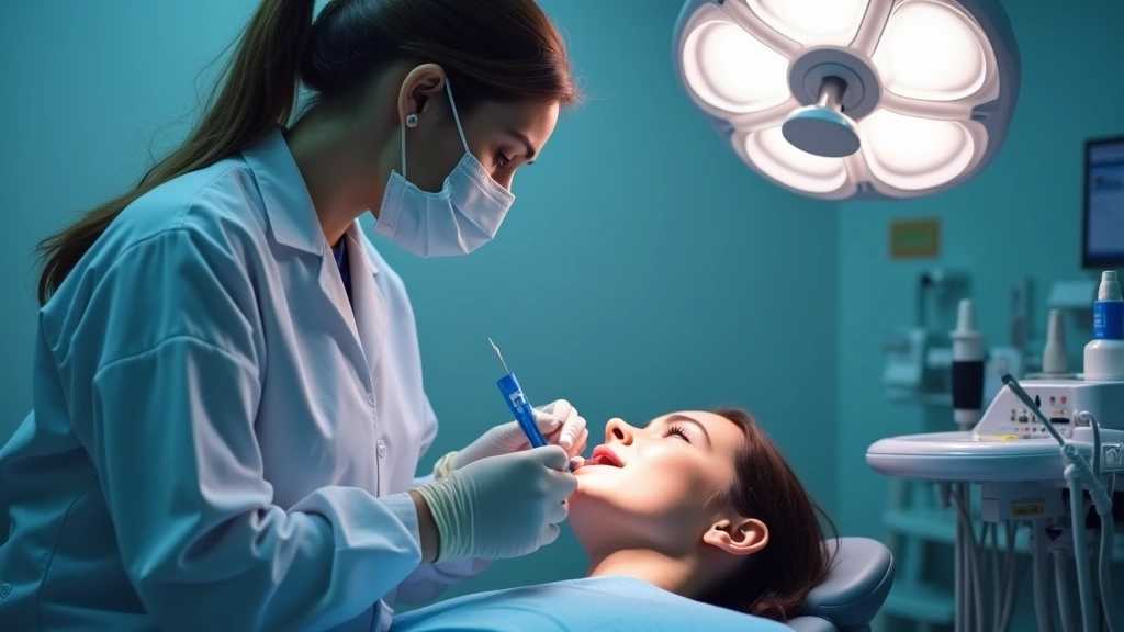 Dental care professional performing checkup on patient in modern dental operatory, overhead light, professional medical envir