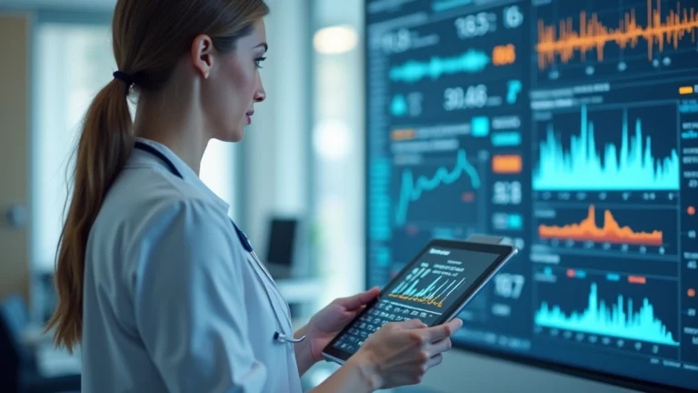 Healthcare provider using tablet reviewing real-time patient monitoring data from connected medical devices in clinical office setting