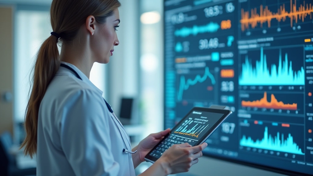 Healthcare provider using tablet reviewing real-time patient monitoring data from connected medical devices in clinical office setting