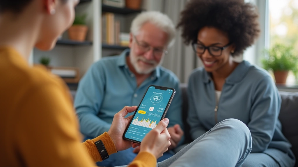 Diverse patients at home using mobile app and wearable devices for chronic disease management with health metrics displayed