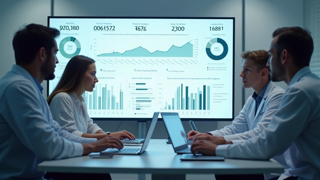 Clinical team reviewing population health analytics dashboard with patient risk stratification and intervention recommendatio