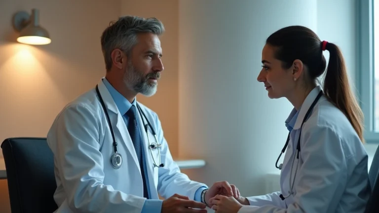 Professional female doctor in white coat consulting with male patient in modern clinic examination room, warm lighting, stethoscope visible