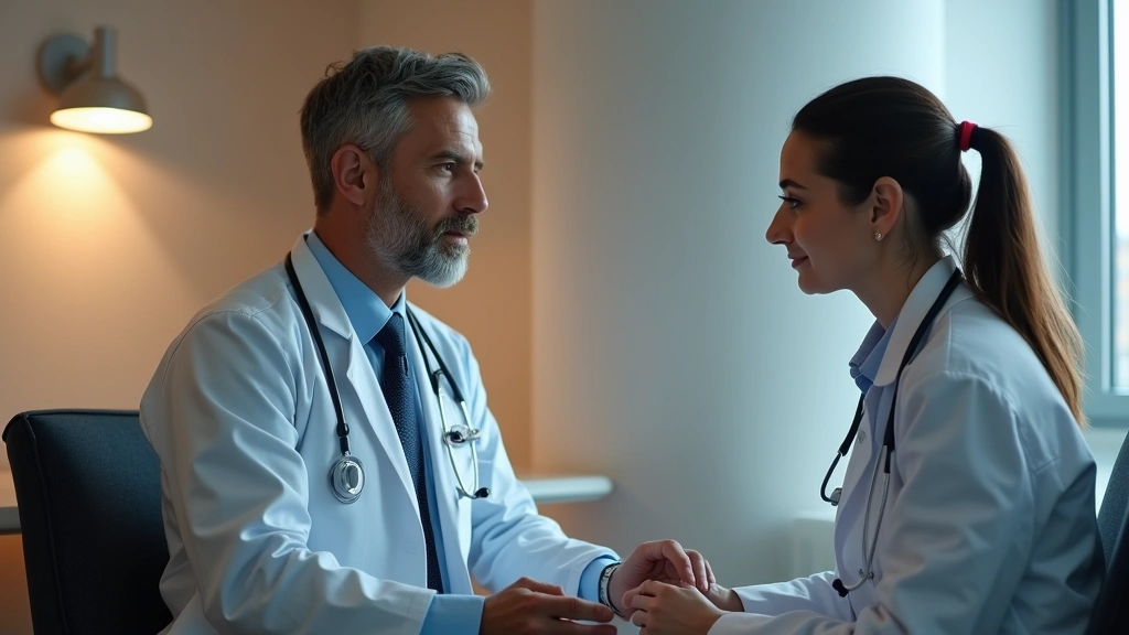 Professional female doctor in white coat consulting with male patient in modern clinic examination room, warm lighting, stethoscope visible