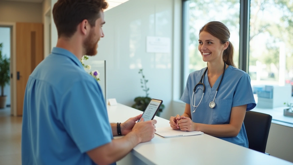Patient checking in at clinic reception desk with friendly female receptionist, modern healthcare facility interior, natural 