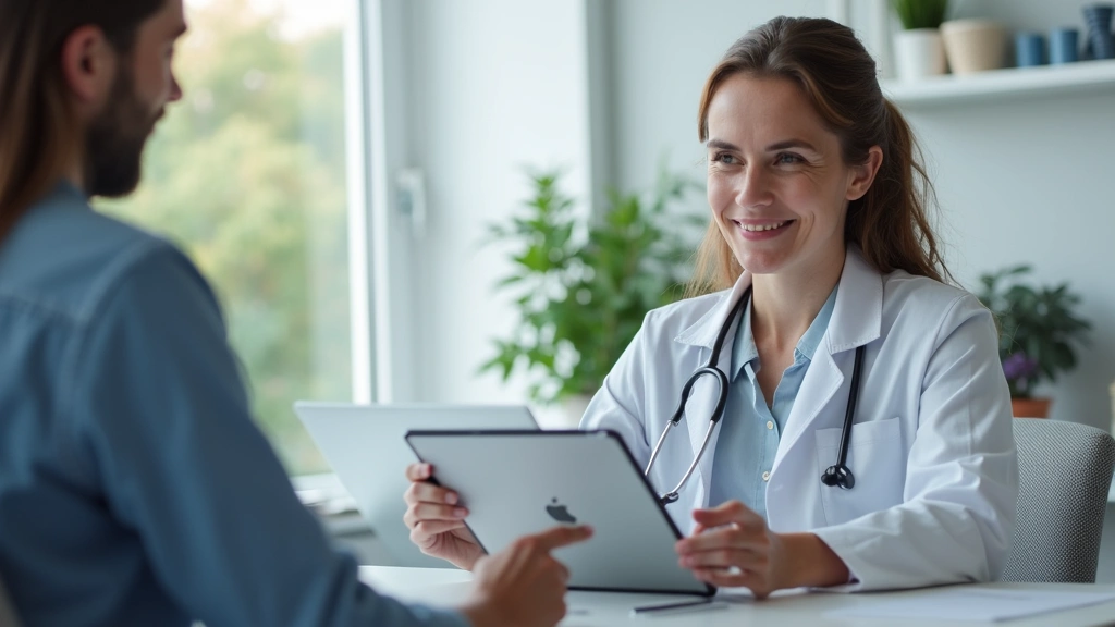 Doctor having video consultation on tablet with patient, telehealth virtual appointment, professional medical office backgrou