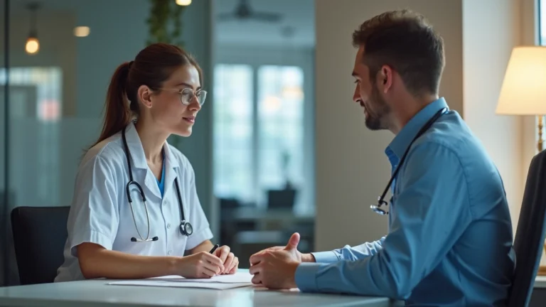 Professional medical consultation room with doctor and patient reviewing health records at desk, warm lighting, modern healthcare facility interior, no text visible