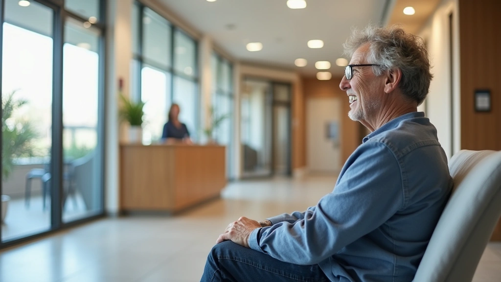Patient sitting in comfortable waiting area of modern community health center with welcoming reception desk staff in backgrou