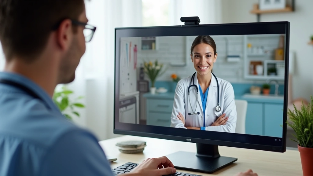 Telemedicine consultation showing patient on computer screen speaking with healthcare provider, home setting with medical pro