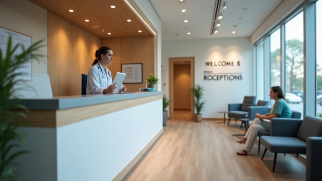 Professional medical clinic reception area with welcoming staff at desk, warm lighting, comfortable waiting area with modern furniture, patient check-in counter, no text visible